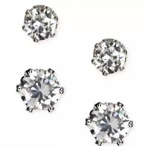 Anne Klein Cubic Zirconia Stud Earrings Set in Silver-tone Metal 2 Pair